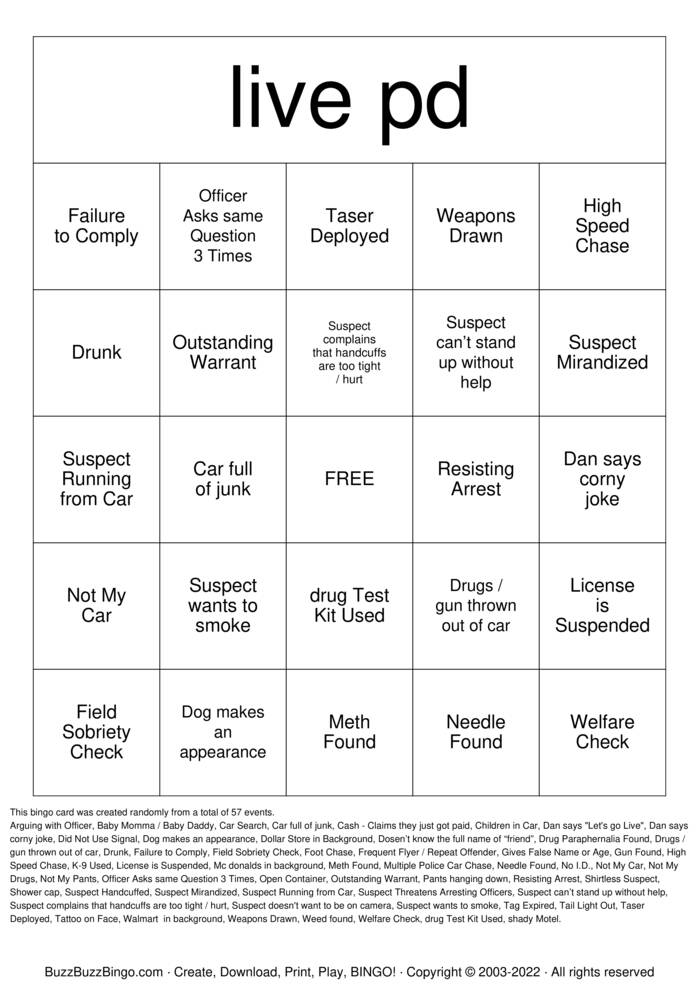 LIVE PD Bingo Cards to Download, Print and Customize!