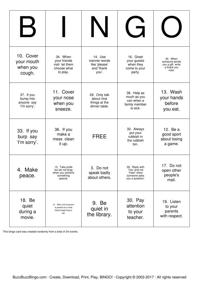 Manners Bingo Cards to Download, Print and Customize!