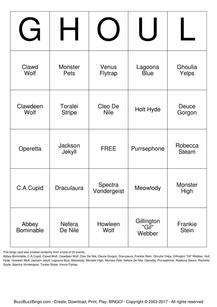 Monster High Bingo Cards to Download, Print and Customize!