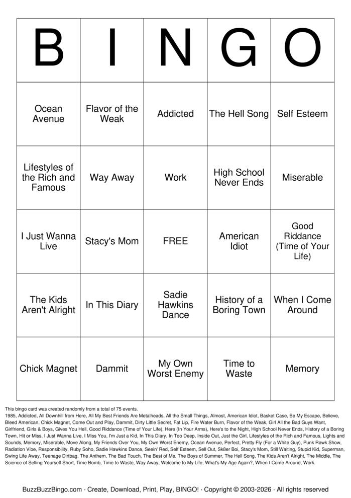 Download Free Pop Punk Glory Days Titles Bingo Cards