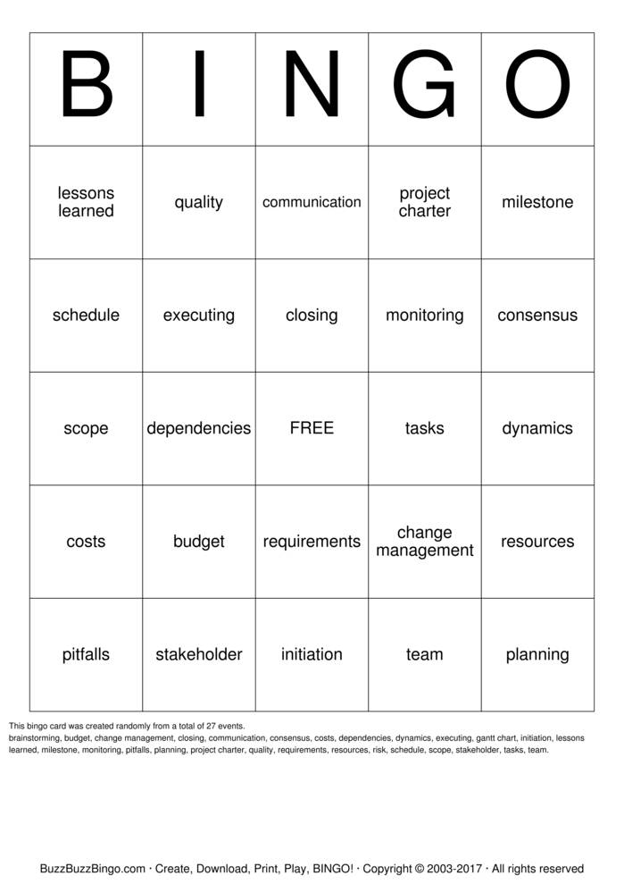 Download Free Project Management Bingo Cards