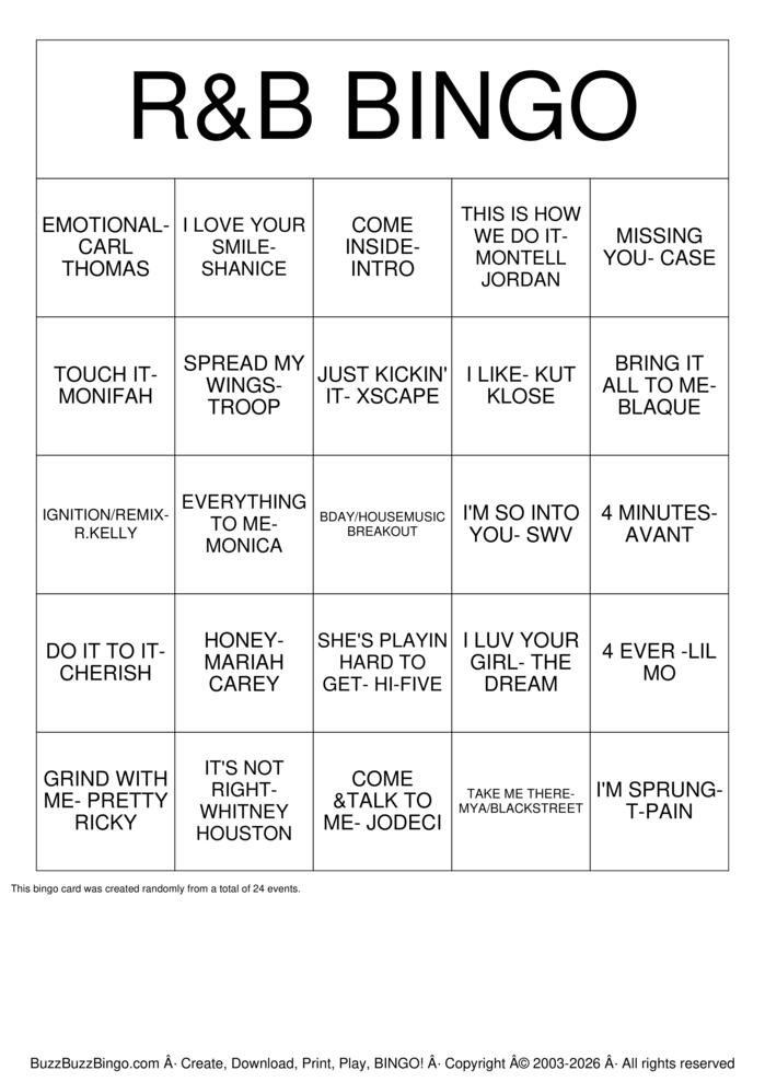 Download Free R&B BINGO Bingo Cards