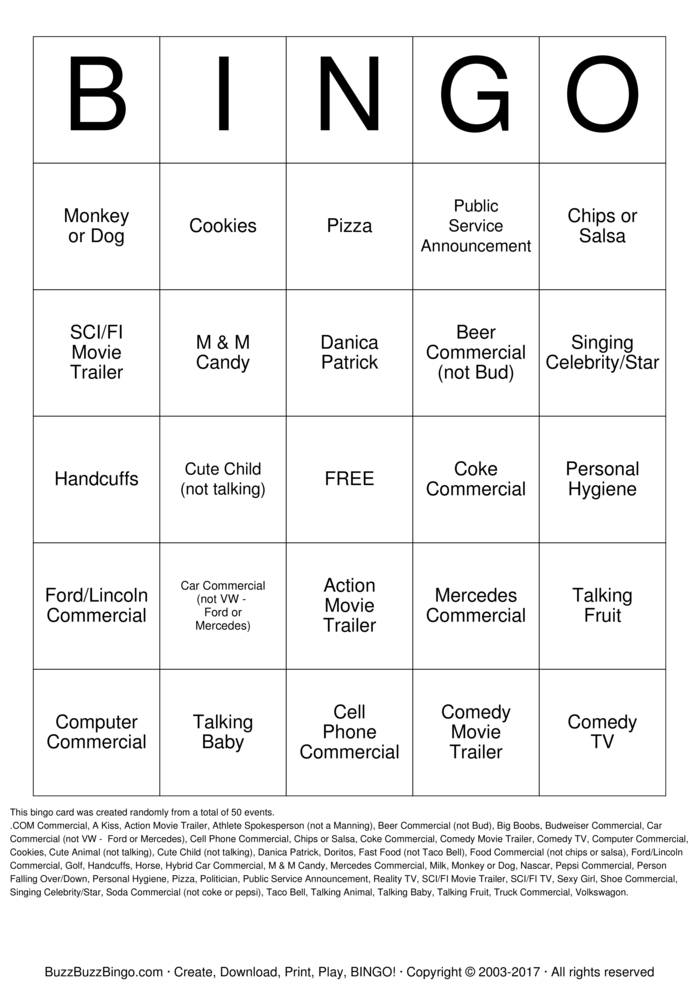 Download Free Superbowl Commercials Bingo Cards Download Free Superbowl Commercials Bingo Cards