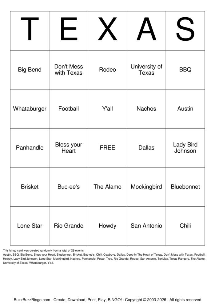 Download Free Texas Bingo Bingo Cards