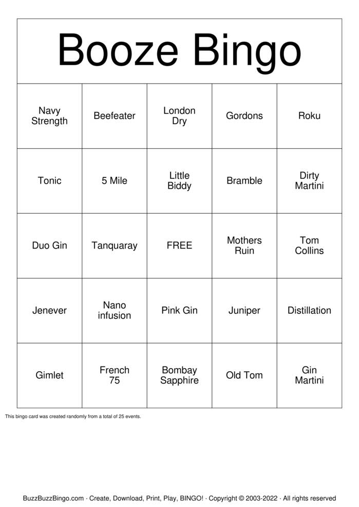 Download Free gin Bingo Cards Download Free gin Bingo Cards