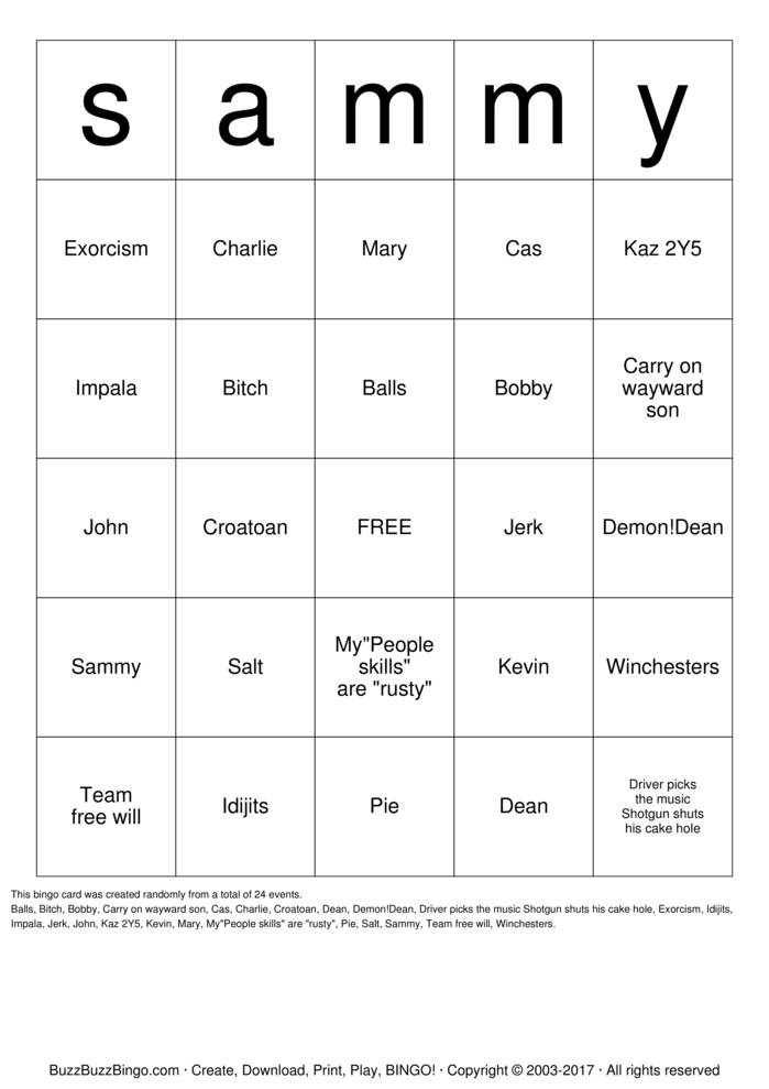Download Free supernatural Bingo Cards