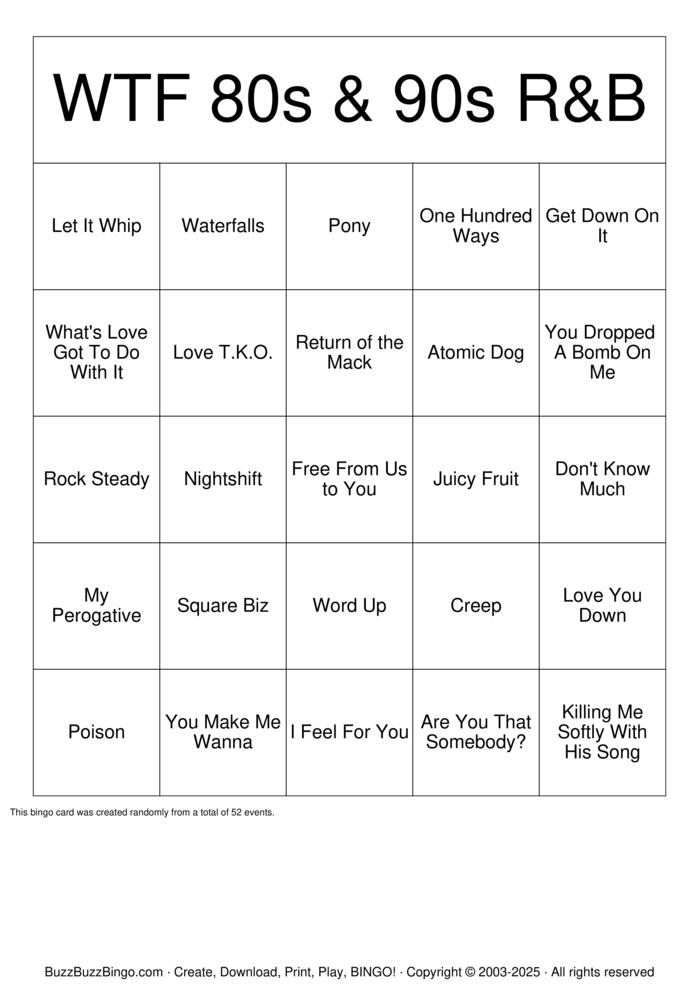 Download Free 80/90s R&B Bingo Cards Download Free 80/90s R&B Bingo Cards