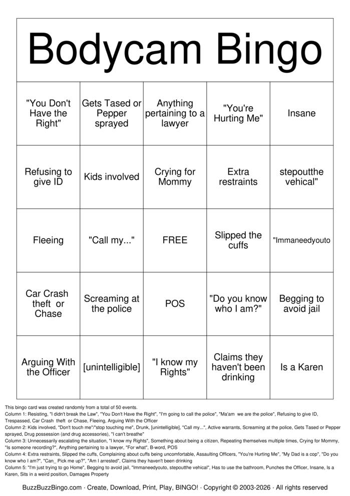 Download Free BODYCAM Bingo Cards