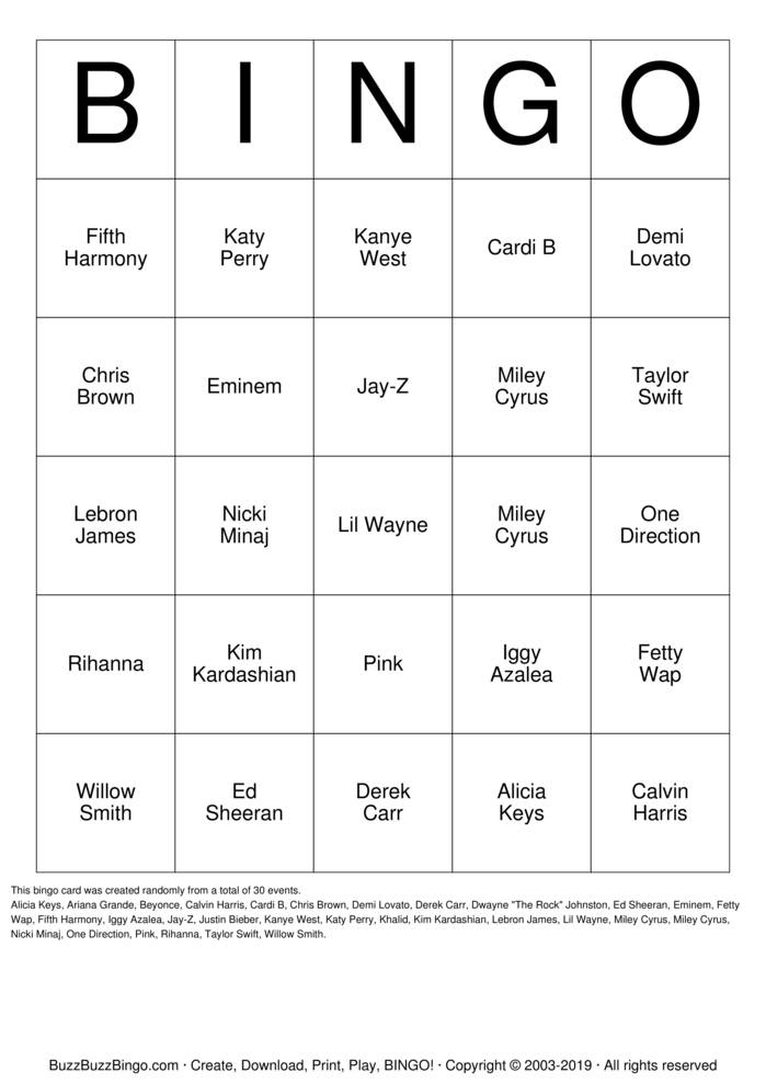 Download Free Celebrity Bingo Bingo Cards