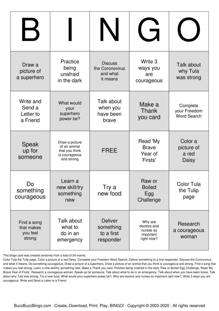 Download Free Courageous and Kind Bingo Cards