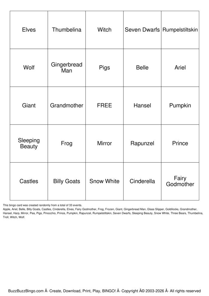 Download Free Fairy Tale Bingo Bingo Cards
