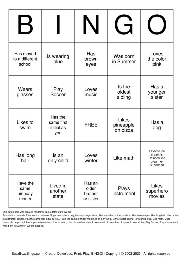 Find a friend BINGO Bingo Cards to Download, Print and Customize!