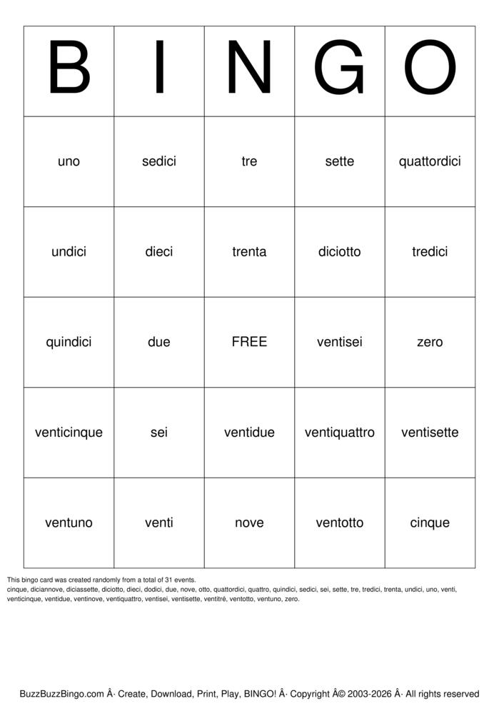 Download Free Italian Numbers Bingo Cards