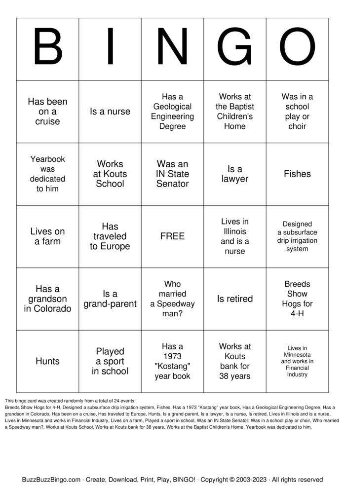 Kouts Class of 1973 50th Class Reunion Bingo Cards to Download, Print