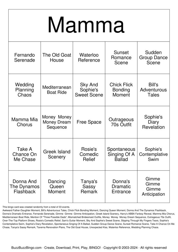 Download Free Mamma Mia! Bingo Cards