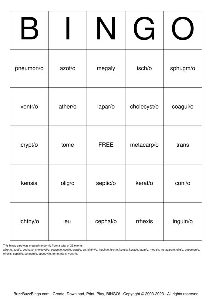 Download Free Medical Terms Word Parts Bingo Cards