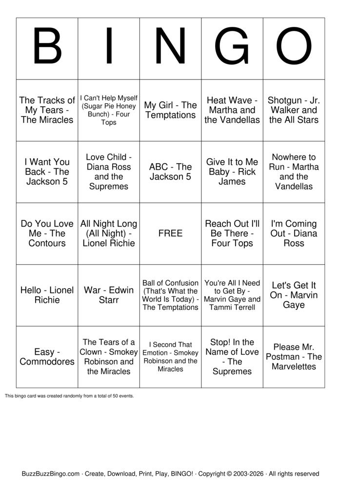 Download Free Motown Classics Top 50 Bingo Cards Download Free Motown Classics Top 50 Bingo Cards