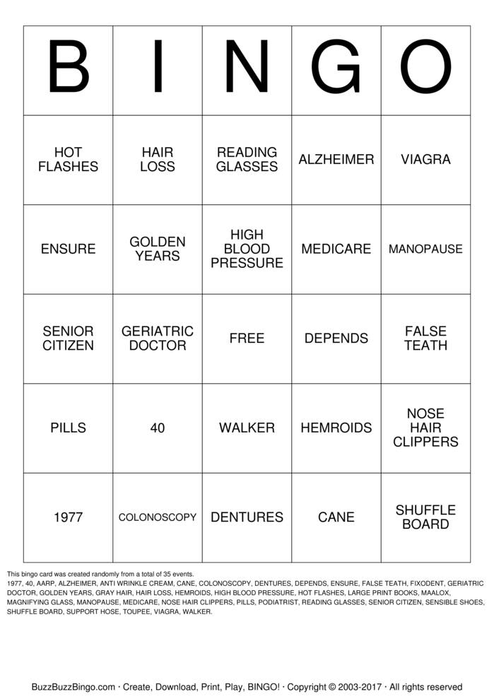 OVER THE HILL Bingo Cards to Download, Print and Customize!