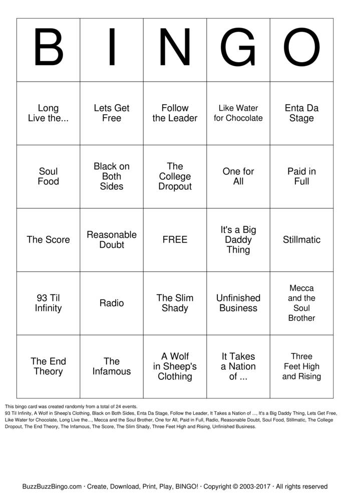 Old School Hip Hop Albums Bingo Cards to Download, Print and Customize!