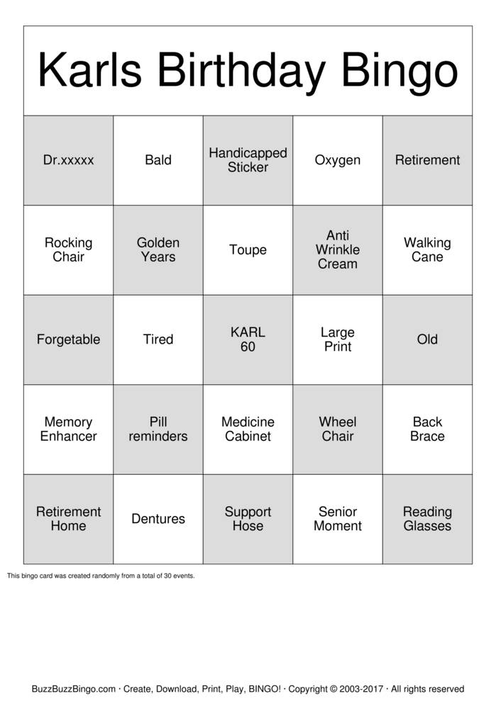 Over the Hill Bingo Cards to Download, Print and Customize!