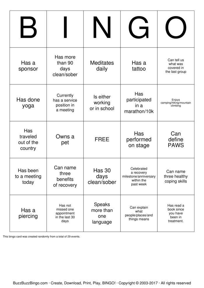 Download Free Recovery Bingo Cards