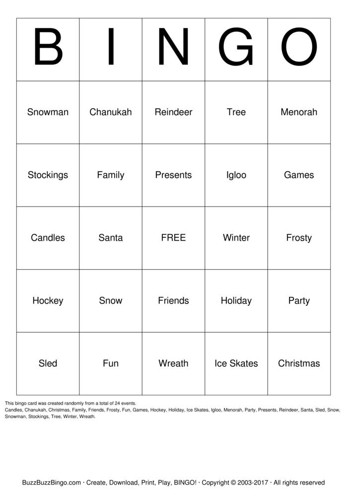 Download Free SNOW! Bingo Cards Download Free SNOW! Bingo Cards