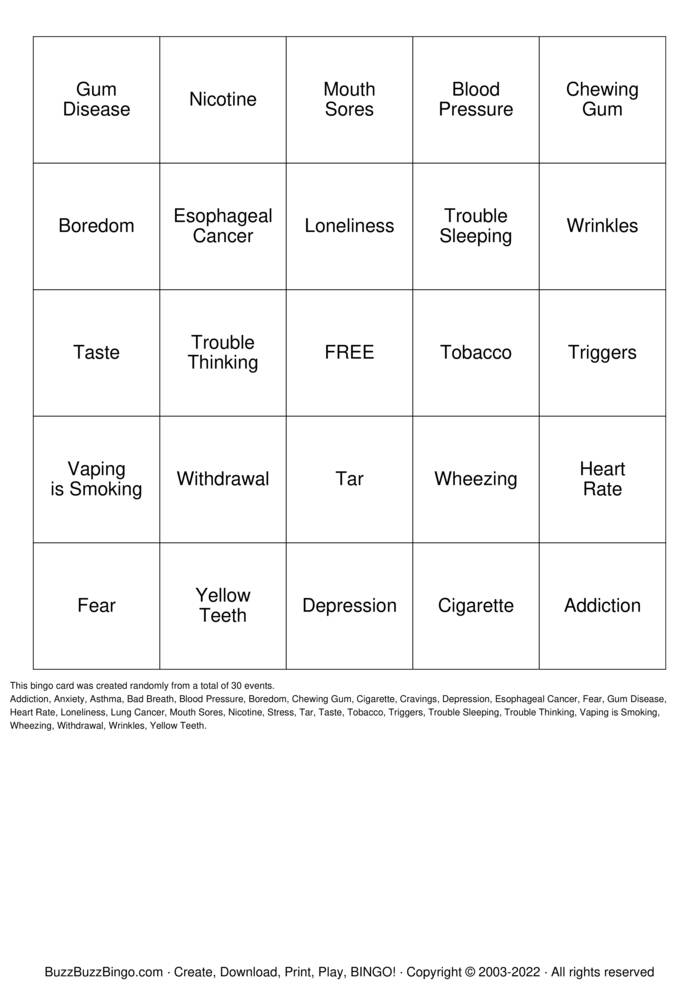 Smoking Cessation BINGO Bingo Cards to Download, Print and Customize!