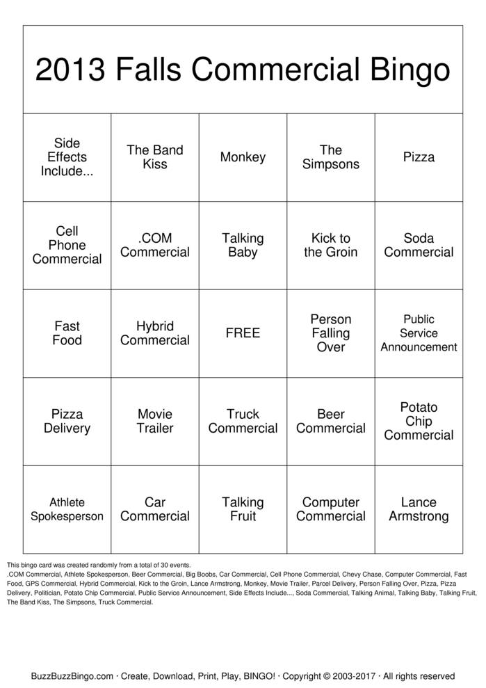 Superbowl Commercials Bingo Cards to Download, Print and Customize!