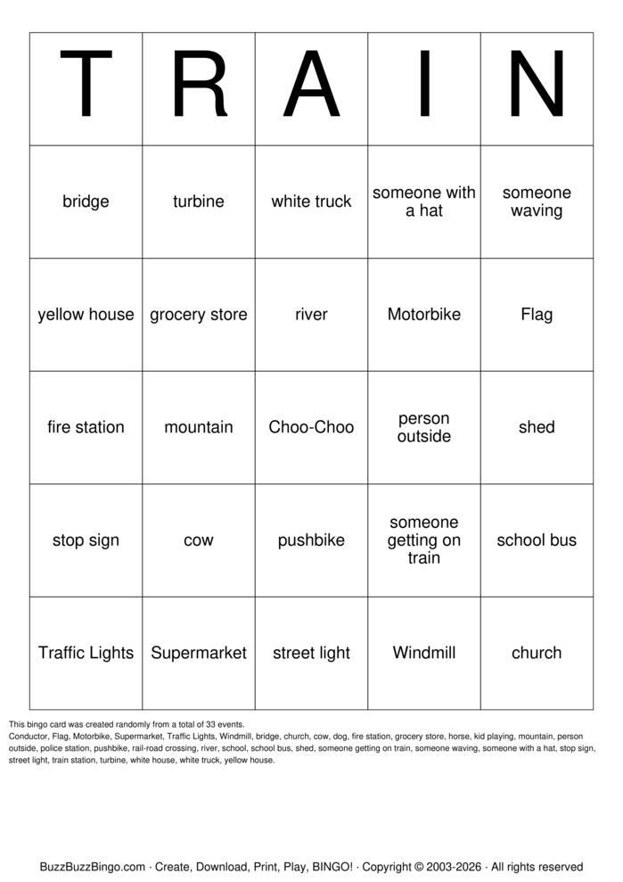 Download Free TRAIN Bingo Cards Download Free TRAIN Bingo Cards