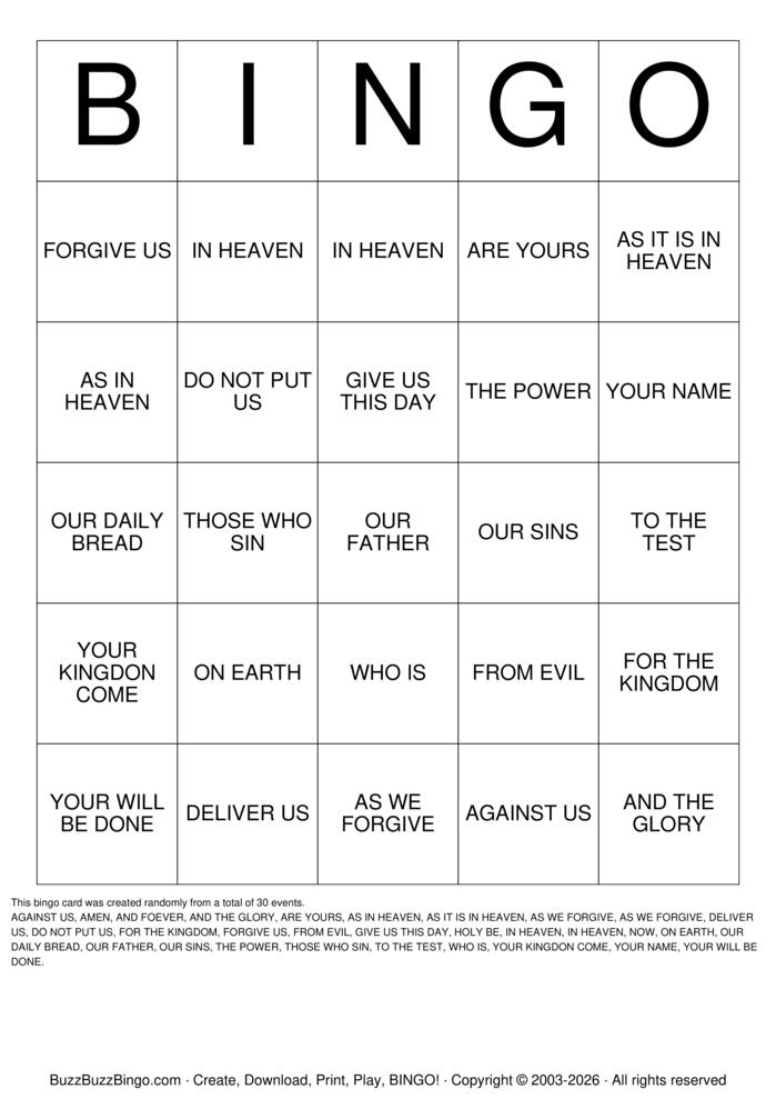 Download Free The Lord's Prayer Bingo Cards