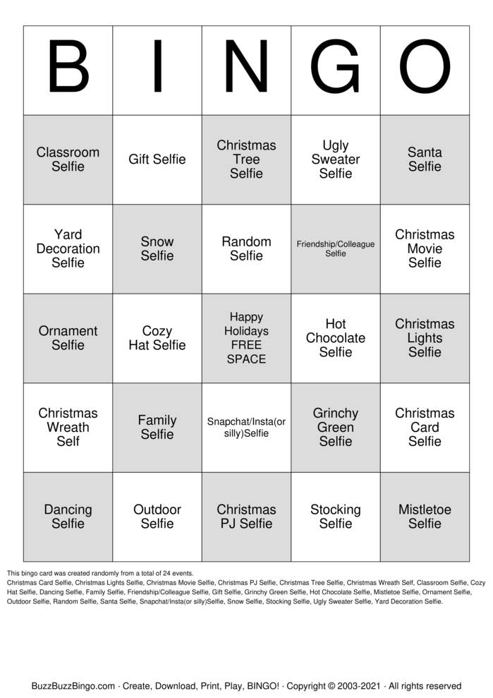Woodbury Holiday Selfie Bingo Bingo Cards to Download, Print and Customize!