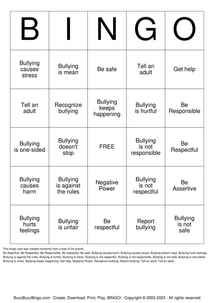 Anti-Bullying Bingo Cards to Download, Print and Customize!