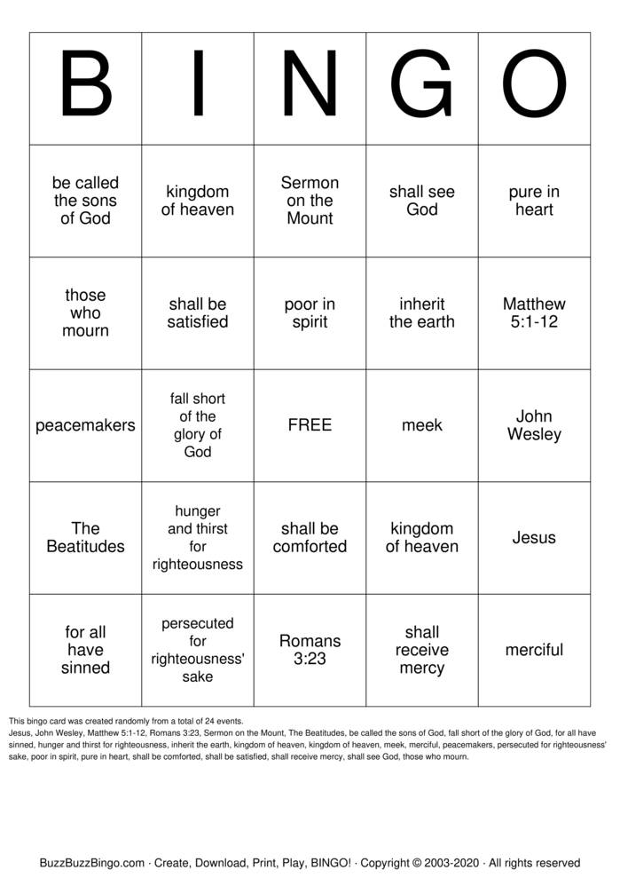 Download Free BEATITUDES Bingo Cards Download Free BEATITUDES Bingo Cards