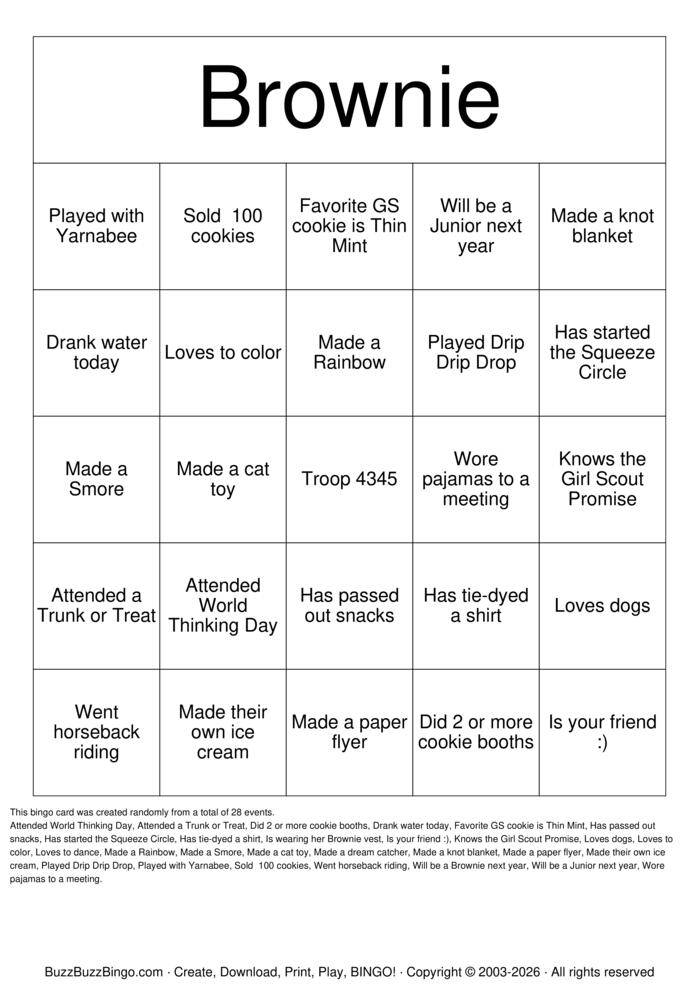Download Free Brownie Bingo Cards