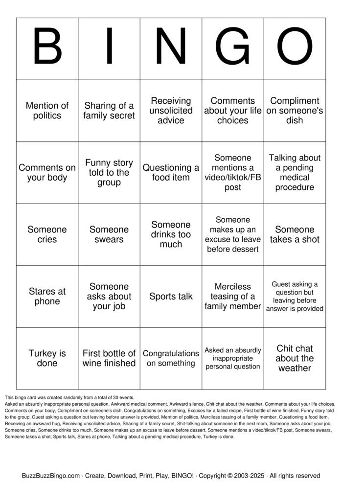 Download Free Dysfunctional Family Thanksgiving Bingo Cards Download Free Dysfunctional Family Thanksgiving Bingo Cards