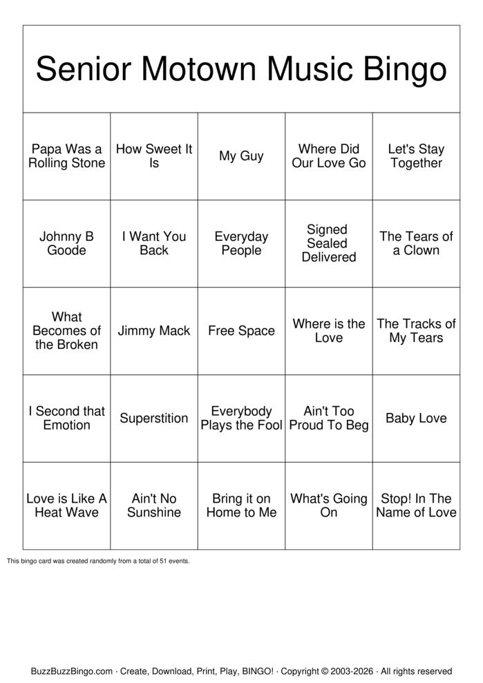 Download Free Motown Bingo Bingo Cards