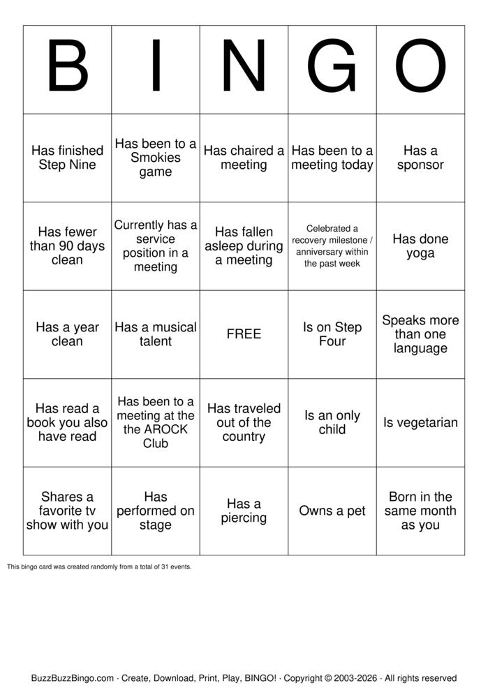 Download Free Narcotics Anonymous Bingo Cards