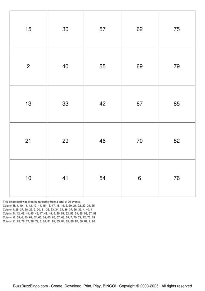 Download Free Numbers 1-90 Bingo Cards