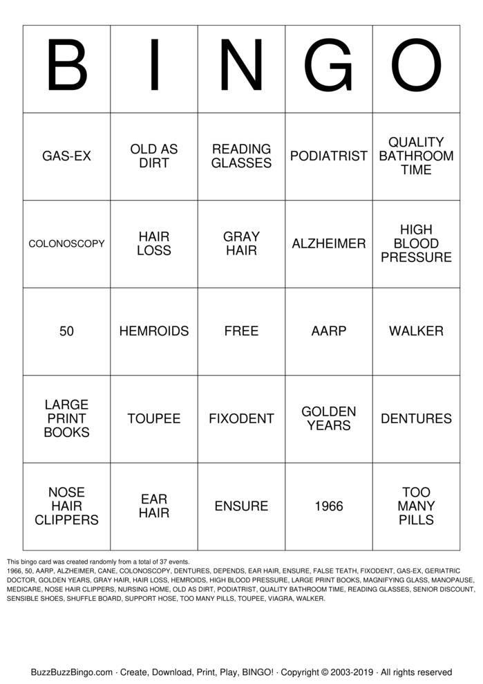OVER THE HILL Bingo Cards to Download, Print and Customize!