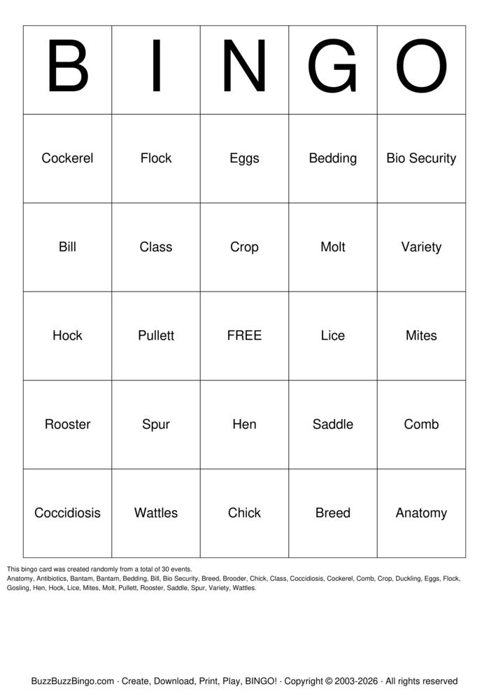 Download Free Poultry Bingo Bingo Cards