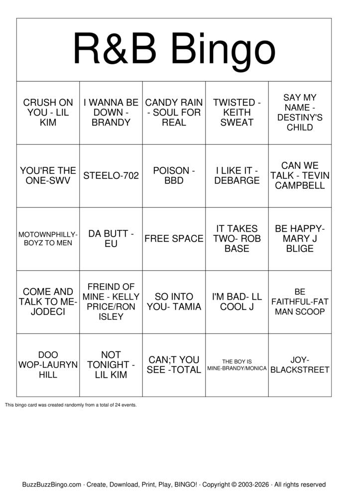 Download Free R&B Music Bingo Cards