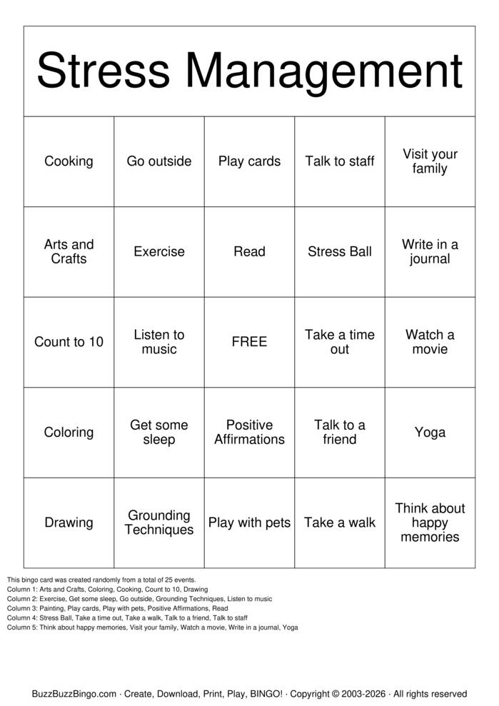 Download Free Stress Management Bingo Cards Download Free Stress Management Bingo Cards