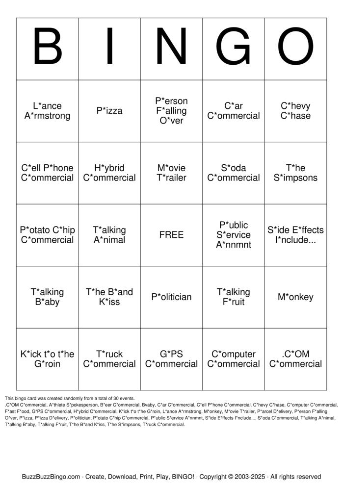Superbowl Commercials Bingo Cards to Download, Print and Customize!