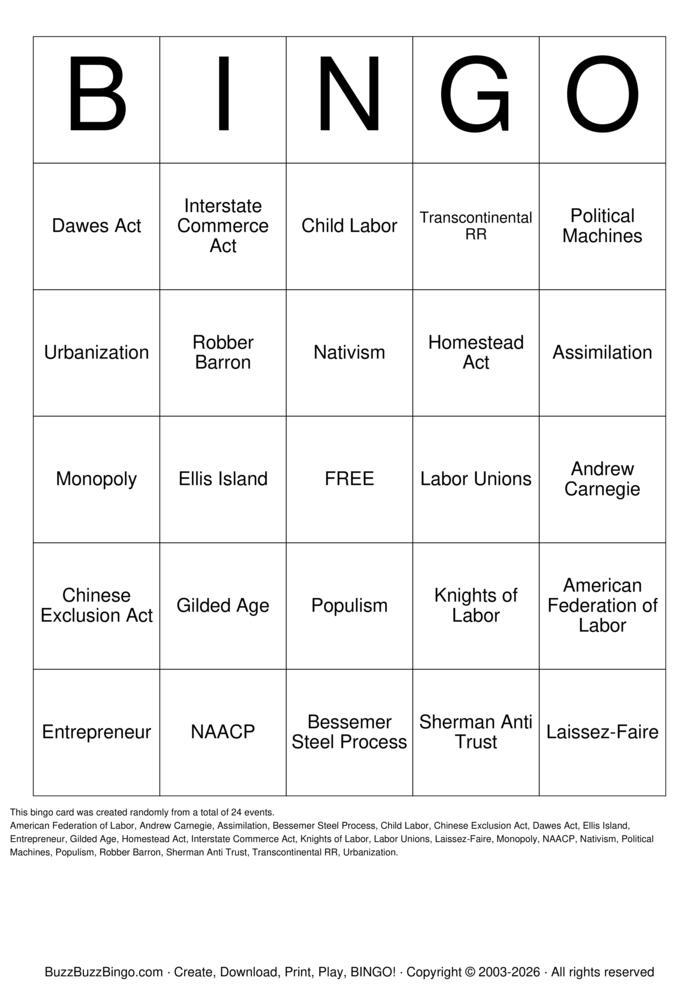 Download Free US History Gilded Age Bingo Cards Download Free US History Gilded Age Bingo Cards