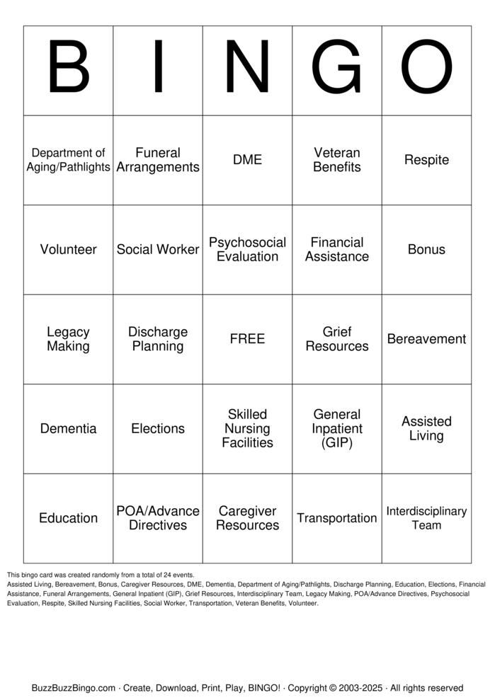 Download Free hospice care Bingo Cards Download Free hospice care Bingo Cards