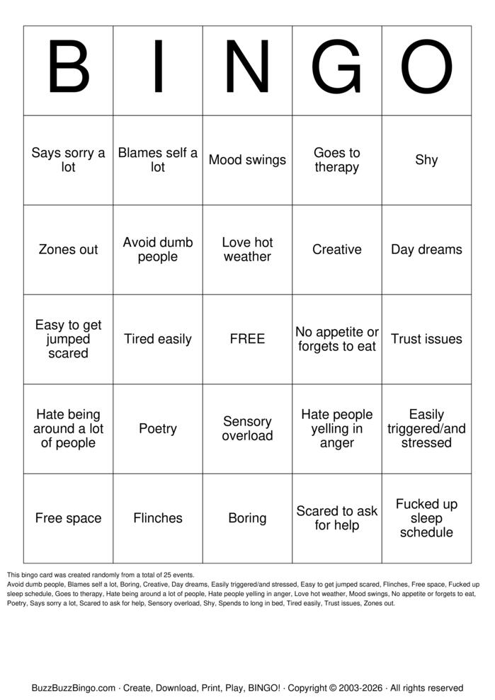 Download Free trauma Bingo Cards