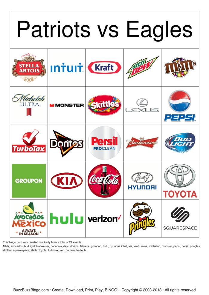 2018 Superbowl Commercial Logos Bingo Cards to Download, Print and ...
