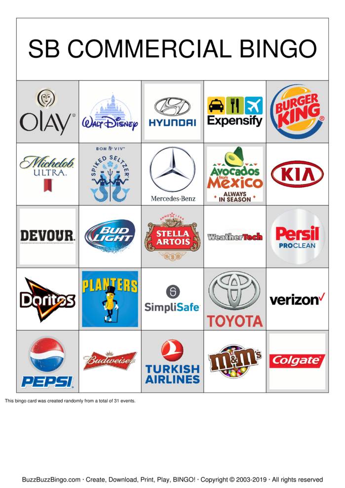2019 Superbowl Commercial Logos Bingo Cards to Download, Print and ...
