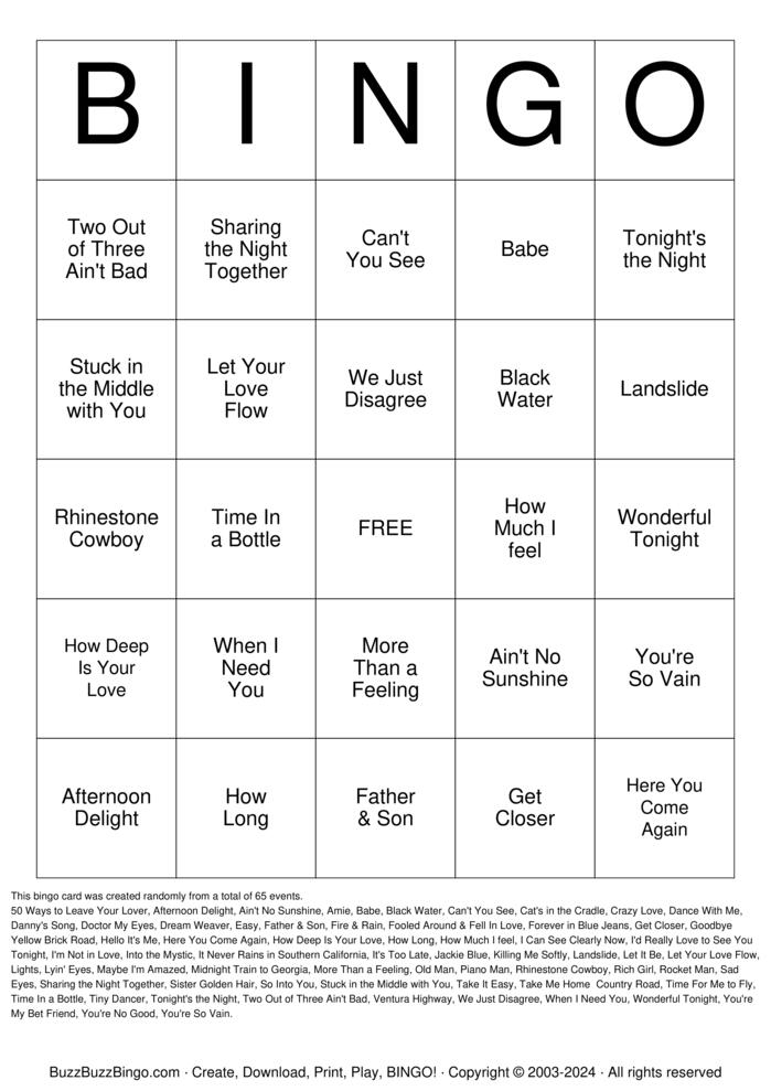 Download Free 70s Gold Bingo Cards