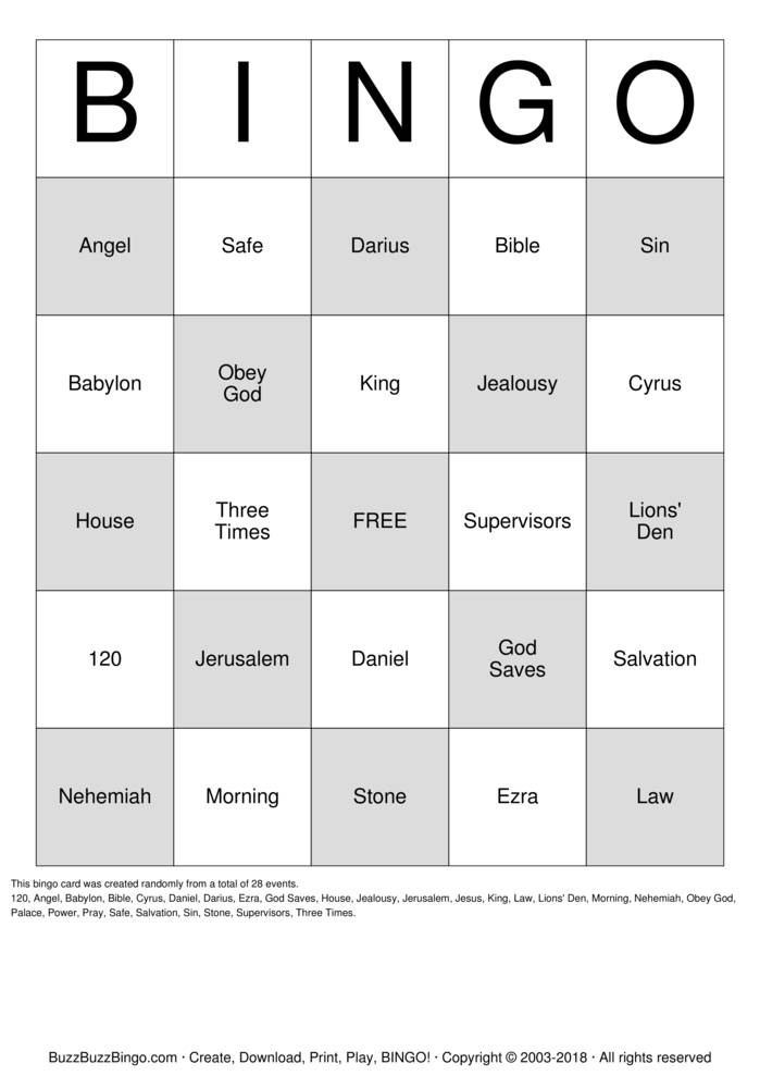 Download Free Daniel & The Lion's Den Bingo Cards Download Free Daniel & The Lion's Den Bingo Cards